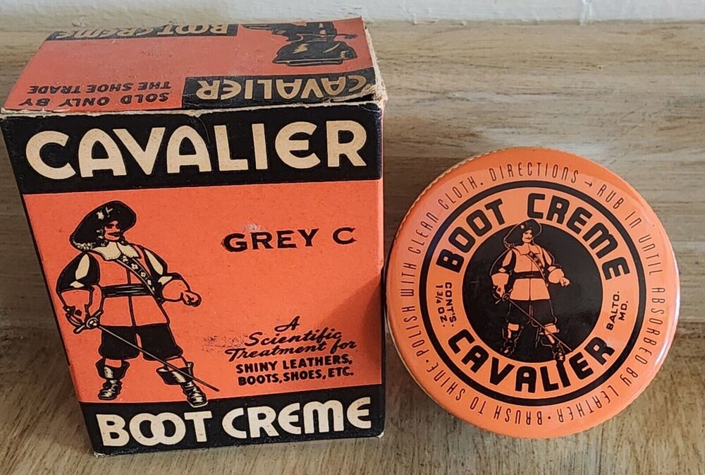 Cavalier Boot Cream Vintage Glass Jar 1 3/4 oz & Box Great Graphics EMPTY Read